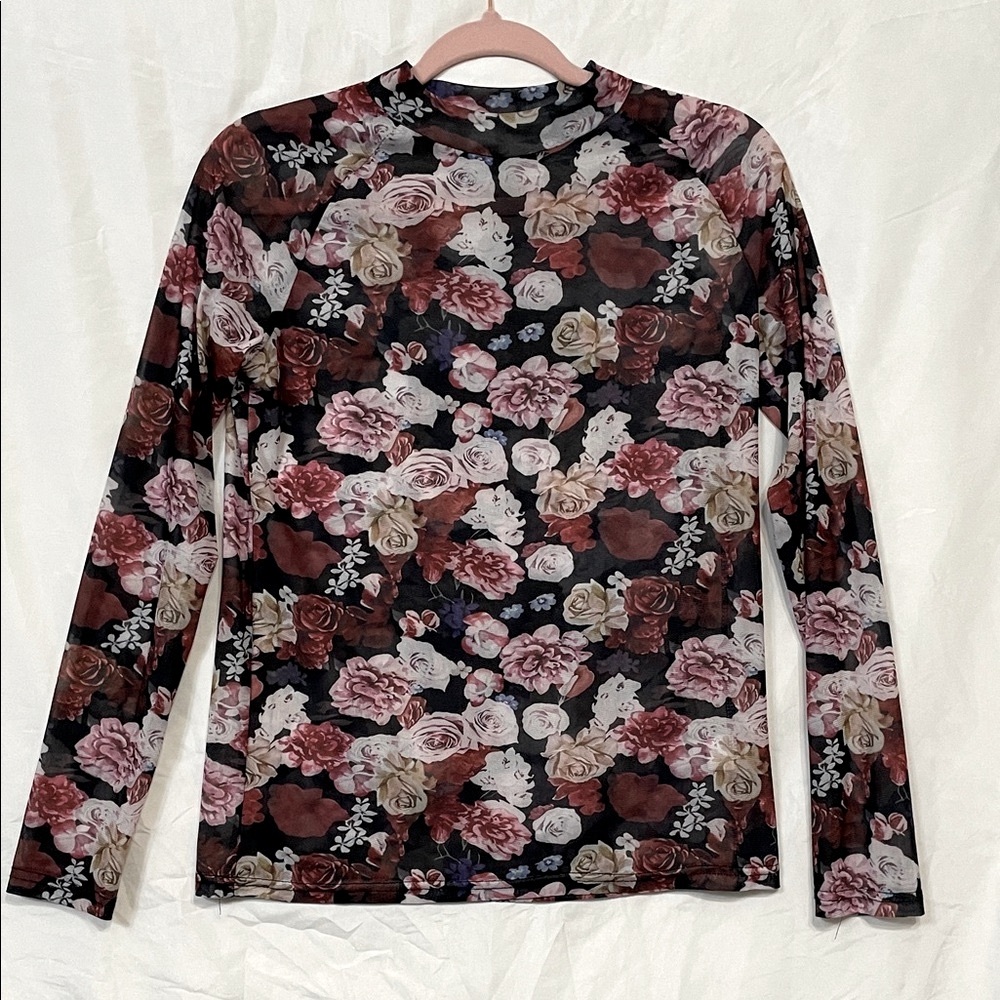 Sheer Romantic ❤️ Floral Y2K Mock Neck Long Sleeve Top, Pink Red Cream Black, M